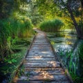 Wooden Trail near Lake, Wood River Path Landscape, Old Water Bridge, Pond Touristic Wooden Pathway Royalty Free Stock Photo