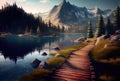 Wooden Trail near Lake, Wood River Path Landscape, Pond Touristic Wooden Pathway, Generative AI Illustration