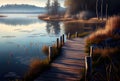 Wooden Trail near Lake, Wood River Path Landscape, Pond Touristic Wooden Pathway, Generative AI Illustration