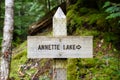 Wooden trail sign marker to Annette Lake near North Bend Washington Royalty Free Stock Photo