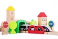 Wooden train and railway road educational toys for kids on white background Royalty Free Stock Photo