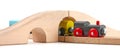 Wooden train toy under bridge