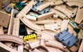 Wooden train tracks and parts Royalty Free Stock Photo