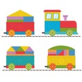Wooden train with wagons loaded with cubes, color vector illustration in flat style