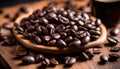 A wooden tray with a bowl of coffee beans and a cup of coffee