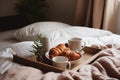 Wooden tray breakfast bed. Generate Ai Royalty Free Stock Photo