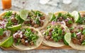 Wooden tray with carne asada tacos on corn tortilla