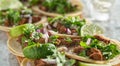 Wooden tray with carne asada tacos on corn tortilla Royalty Free Stock Photo