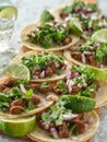 Wooden tray with carne asada tacos on corn tortilla Royalty Free Stock Photo