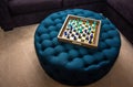 Wooden Tray Chess Board On Blue Ottoman