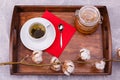 A wooden tray with cutlery for drinking tea Royalty Free Stock Photo