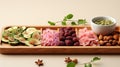 a wooden tray filled with assorted fruits and nuts next to a bowl of nuts. generative ai Royalty Free Stock Photo