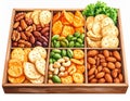 Wooden Tray Filled with Nut and Cracker Assortment on White Background Royalty Free Stock Photo