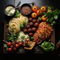 A wooden tray filled with a variety of fresh, colorful vegetables and spaghetti Royalty Free Stock Photo