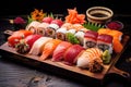 A wooden tray filled with various types of sushi, presenting a vibrant and appetizing display of authentic Japanese cuisine, A Royalty Free Stock Photo