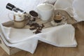 Wooden tray with glass of latte macchiato and espresso Royalty Free Stock Photo