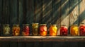 A wooden tray holding various jars filled with liquid, likely containing canned fruits and vegetables