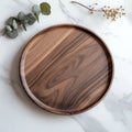 Natural Wooden Serving Plate with Eucalyptus and Dried Flowers on Marble Background Royalty Free Stock Photo