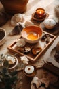 A wooden tray with mushrooms, tea pot and a bowl of tea. AI generative image.