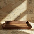 A wooden tray is placed on a surface covered with vintage letters and envelopes, Royalty Free Stock Photo