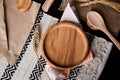 Wooden tray, plate layout, kitchen cutlery flat lay. A place for branding. Natural background