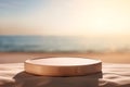 Wooden Tray Podium on Sand Beach, Morning Light