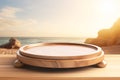 Wooden Tray Podium on Sand Beach, Morning Light