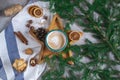 Wooden Tray Star Cup with Coffee Cappuccino Christmas Morning Cookies Decoration New Year Concept Winter Mood Royalty Free Stock Photo