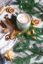 Wooden Tray Star Cup with Coffee Cappuccino Christmas Morning Cookies Decoration New Year Concept Winter Mood Royalty Free Stock Photo