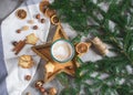 Wooden Tray Star Cup with Coffee Cappuccino Christmas Morning Cookies Decoration New Year Concept Royalty Free Stock Photo