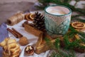 Wooden Tray Star Cup with Coffee Cappuccino Christmas Morning Cookies Decoration New Year Concept Royalty Free Stock Photo