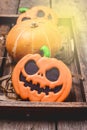 Wooden Tray with Tasty Homemade Halloween Sweets Ginger Biscuits in Shape of Pumpkins Halloween Food Vertical