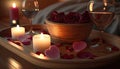 a wooden tray topped with candles and a bowl filled with roses