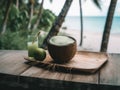 A wooden tray topped with a glass of green drink. AI generative image.