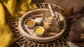 a wooden tray topped with a jar of liquid and two cups of liquid