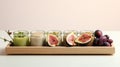 a wooden tray topped with jars filled with different types of food. generative ai