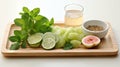 a wooden tray topped with sliced fruit and a cup of water. generative ai