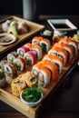 A wooden tray topped with sushi on top of a wooden table. Generative AI image.