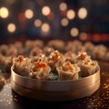 Wooden tray with traditional Chinese shumai dumplings, ai-generated