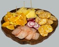 Wooden tray with various appetizers for wine and beer Royalty Free Stock Photo