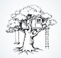 Wooden tree house. Vector drawing