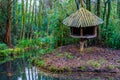 Wooden tree hut on the river side in a tropical looking swamp landscape Royalty Free Stock Photo