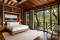 A wooden treehouse bedroom overlooking a