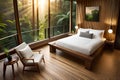 A wooden treehouse bedroom overlooking a lush