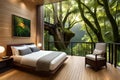 A wooden treehouse bedroom overlooking a lush