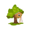 Wooden treehouse, hut on tree with ladder for kids outdoor activity and recreation, vector Illustration on a white