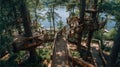 Wooden treehouse pathway in forest by lake on a bright sunny day Royalty Free Stock Photo