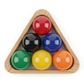 A wooden triangle rack holding a set of colorful billiard balls Royalty Free Stock Photo