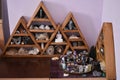 Wooden shelf with crystals