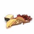 On a wooden triangular cutting board lie several types of cheese, almond seeds.